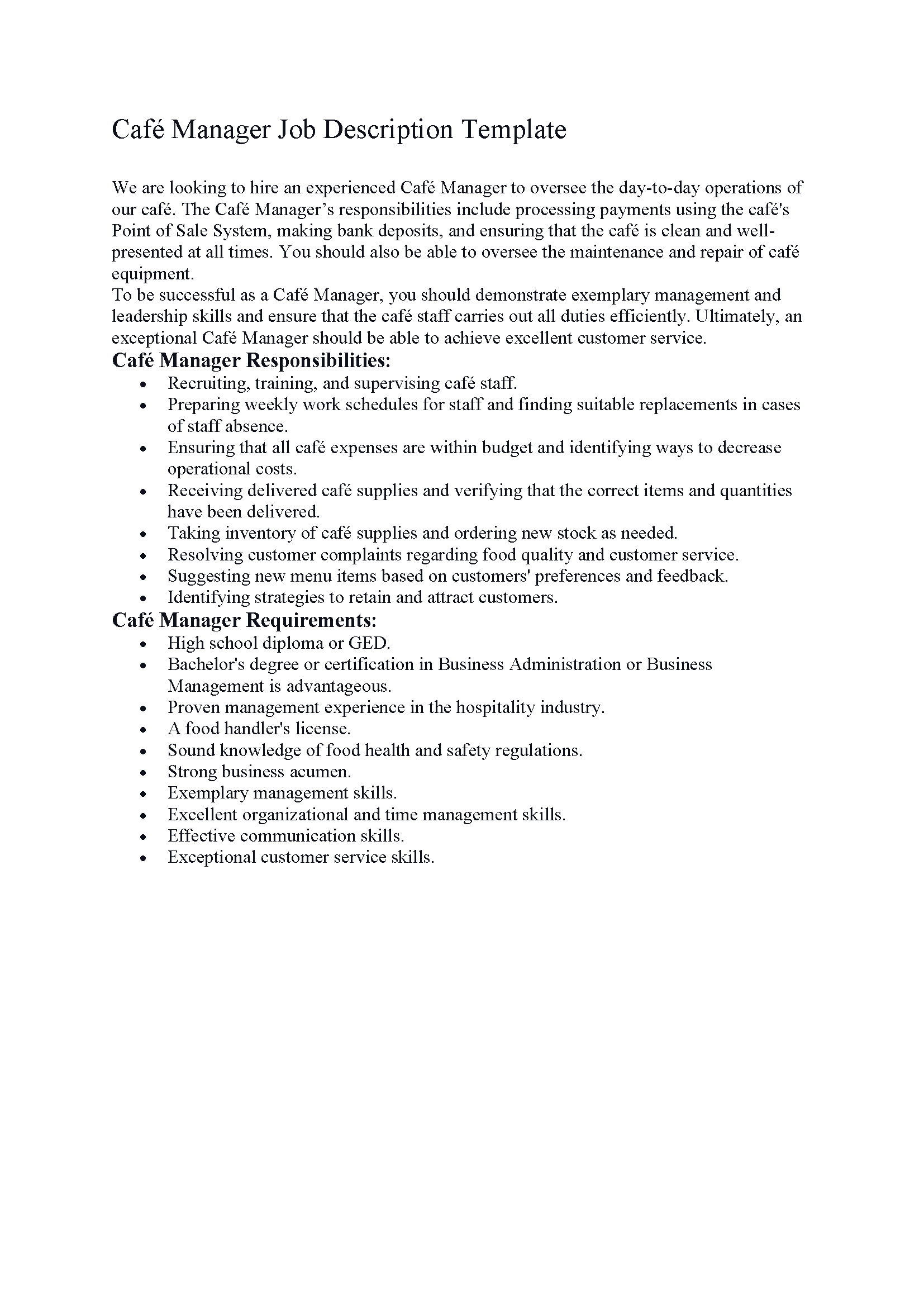 Café Manager Job Description Template